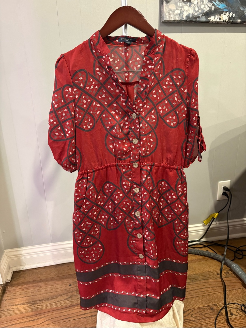 Banana Republic Red Patterned Midi Button-Front Dress